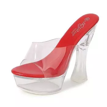 Женская обувь, прозрачные сексуальные тапочки на высоком каблуке с кристаллами, серия 10365, каблук 14 см, платформа 4 см, LFD 34 красный
