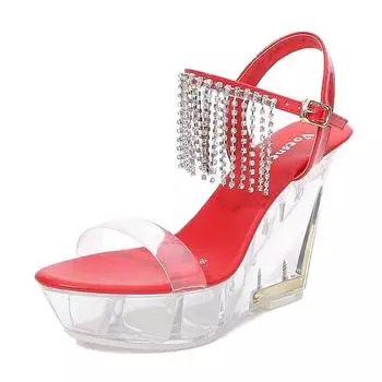Женская обувь, прозрачные туфли для ночного клуба, высокие каблуки, подиум, стразы, кисточка, кристаллическая танкетка, серия 1101, каблук 10 см, платформа 4 см, LFD 34 белый