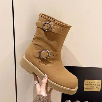 Женская обувь, распродажа, женские сапоги до середины икры, ретро-современные сапоги, женские туфли с пряжкой на ремне и круглым носком, на низком каблуке 35
