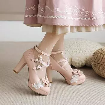 Женская обувь размера плюс 22–28 см, длина ступни, милая обувь Лолиты с пряжкой и бантом для девочек, туфли Мэри Джейн с жемчужной цепочкой, туфли на очень высоком каблуке 41 бежевый
