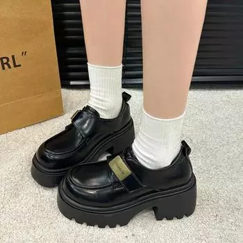 женская обувь ремешок с пряжкой Женские туфли на высоком каблуке Модные с круглым носком Офисные и Карьерные новые Металлическая отделка каблуки женские 35