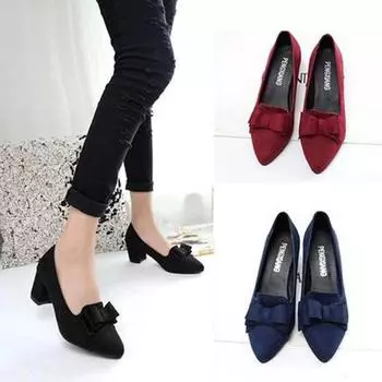 Женская обувь с бантом, замшевая повседневная модная обувь на толстом высоком каблуке с острым носком 35 чёрный