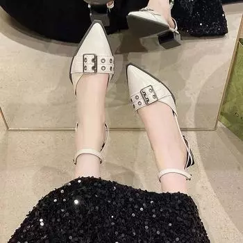 Женская обувь с острым носком, ремешок на щиколотке, женские туфли на среднем каблуке, неглубокие, новинка 2024 года, модные женские туфли-лодочки с пряжкой на каблуке 4 см 35 бежевый