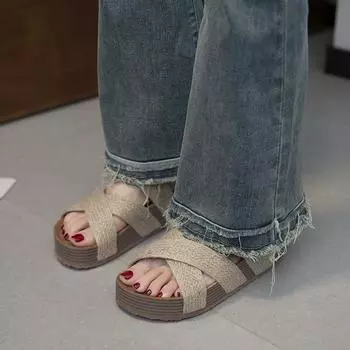 Женская обувь с открытым носком 2024 года, высококачественные женские тапочки, летние ретро-туфли, однотонные женские тапочки на платформе, Zapatillas Mujer 35 бежевый