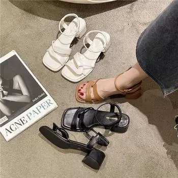 Женская обувь с открытым носком, летняя уличная обувь, сандалии среднего размера на квадратном каблуке для женщин, повседневная бежевая обувь, оригинальный тренд 40 чёрный