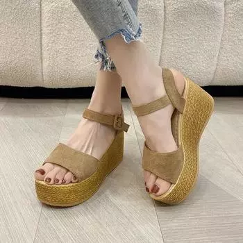 Женская обувь с открытым носком женские сандалии для отдыха на открытом воздухе повседневные сандалии женские с круглым носком высокие танкетки с пряжкой ремешок обувь больших размеров для женщин 35