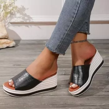 Женская обувь с открытым носком, женские тапочки, модные, повседневные тапочки больших размеров, женские, новые, с леопардовым принтом, на танкетке 35