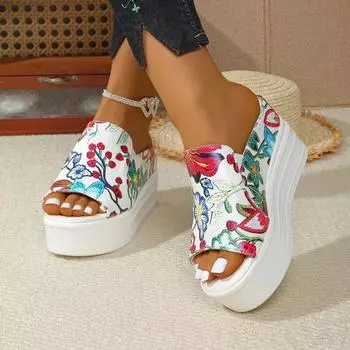 Женская обувь с открытым носком, женские тапочки на платформе, повседневные тапочки, женские с принтом кристаллов, полые круглые носки, босоножки на танкетке больших размеров 36
