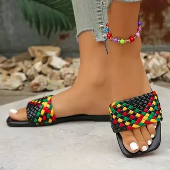 Женская обувь с открытым носком, женские тапочки, уличные пляжные тапочки, женские разноцветные сандалии с квадратным носком и плоскими носами больших размеров 36
