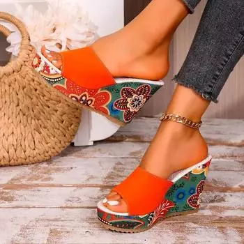 Женская обувь с открытым носком, женские тапочки, модные повседневные тапочки больших размеров, женские летние тапочки на танкетке с принтом 35