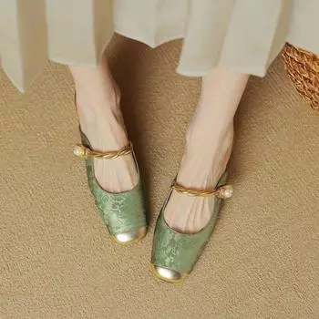 Женская обувь с принтом на толстом каблуке для вечеринок и свадеб, зеленые закрытые полуботинки, женские босоножки с жемчужным блоком, массивные, корейские, повседневные, из ПВХ или VIP 35