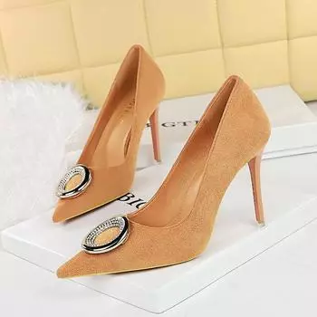 Женская обувь с ремонтом стопы для похудения, очень высокие каблуки, замша, неглубокий носок, заостренная металлическая пряжка со стразами, одинарные туфли на высоком каблуке 34 хаки