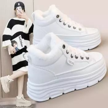 Женская обувь с высоким берцем на флисовой подкладке, увеличивающая рост стелькой, зима 2023, новая студенческая обувь Ins, корейская теплая повседневная обувь на хлопковой подкладке Tide 34 белый