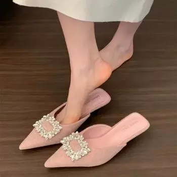 Женская обувь с закрытым носком, женские тапочки, модные туфли, женские сандалии с острым носком и квадратными пуговицами на низком каблуке 35