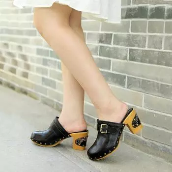 Женская обувь Сандалии из натуральной кожи Модные и элегантные туфли на высоком каблуке с тиснением в стиле ретро и ручной росписью 36 чёрный