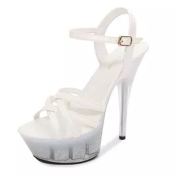 Женская обувь. Сандалии на матовом каблуке для ночного клуба. Обувь для подиума. Туфли для танцев на пилоне. Водонепроницаемая обувь с кристаллической подошвой. Серия 330. Каблук 14 см. Платформа 4 см. LFD 34 белый