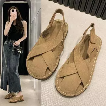 Женская обувь Сандалии на плоской подошве на низком каблуке Повседневные гладиаторы босиком Летние летние туфли с широким носком Удобные модные пляжные туфли по акции 35