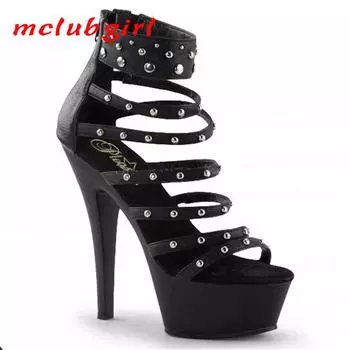 Женская обувь, сандалии на высоком каблуке с заклепками и кружевом, модель Walk Show, каблук 15 см, платформа 5 см YKC 34 чёрный