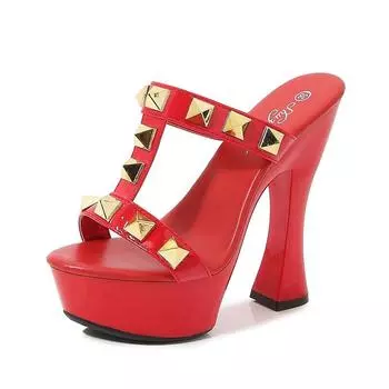 Женская обувь, сандалии, повседневные однотонные сандалии на толстом каблуке с заклепками, пикантные сандалии для ночного клуба, серия 1106, каблук 14 см, платформа 4 см, LFD 34 белый