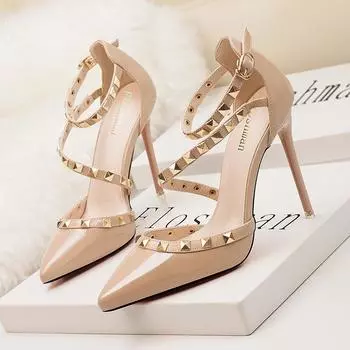 Женская обувь сандалии Rivet Roman PUMPS Сексуальные тонкие туфли-шпильки для ночного клуба на высоком каблуке с неглубоким носком Роскошные дизайнерские остроносые босоножки 34 белый