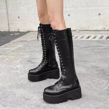 Женская обувь, сапоги до колена из искусственной кожи на массивном платформе и каблуке, женские высокие сапоги до колена в стиле ретро в стиле панк, женские ботильоны на шнуровке Mujer 35 чёрный