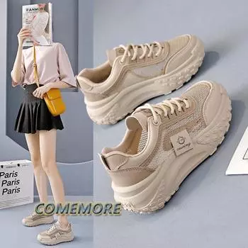 Женская обувь сетчатая дышащая корейская версия для студентов с увеличенной платформой для бега спортивная обувь для отдыха на толстой подошве со шнуровкой нескользящая 35 белый