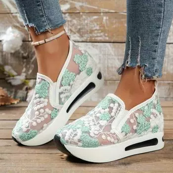 Женская обувь, сетчатые кроссовки с цветочной вышивкой для женщин, повседневные удобные женские туфли без шнуровки на высоком каблуке 37 жёлтый