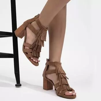 Женская обувь. Шикарные сандалии в богемном стиле с бахромой в Риме и кисточками на высоком блочном каблуке 7 см, большие размеры, винтажные сандалии для отдыха, летние каникулы. 7 чёрный