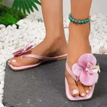 Женская обувь Шлепанцы Женские тапочки Модные повседневные тапочки Женские цветочные тапочки с квадратным носком Большие размеры на плоской подошве с Женские сандалии 36
