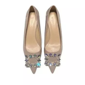 Женская обувь Слипоны Женские туфли на высоком каблуке Модные туфли-лодочки Женские Кристальная квадратная пуговица Острый носок Туфли на среднем каблуке Женские 35