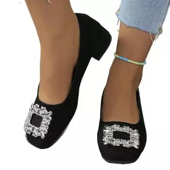 Женская обувь Слипоны Женские туфли на высоком каблуке Модные офисные туфли Женские Кристалл Квадратная пуговица Круглый носок Туфли на среднем каблуке Женские 35