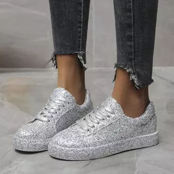 Женская обувь, спортивная, для отдыха, модная удобная обувь на плоской подошве с блестками 39 серебряный
