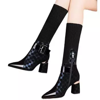 Женская обувь Стиль Толстый каблук Эластичная ткань Женские сапоги Зимние остроносые молния Модные сапоги на высоком каблуке Женские 34 синий