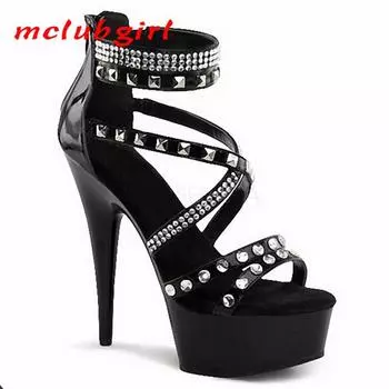 Женская обувь, сумка с заклепками и стразами, каблук с застежкой-молнией, сандалии известной модели, высокий каблук, кружево, каблук 15 см, платформа 5 см, YKC 34 чёрный