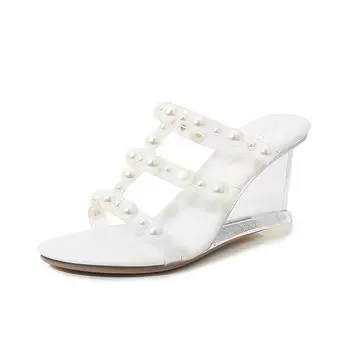 Женская обувь, тапочки на танкетке с жемчугом, модные женские летние пикантные туфли с жемчугом, серия 1098, каблук 8 см, LFD 34 белый