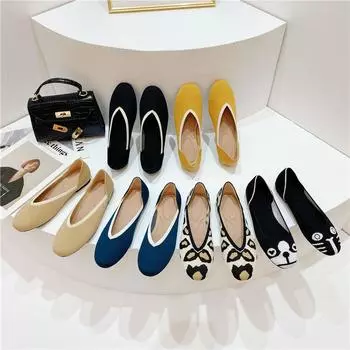 Женская обувь, туфли на плоской подошве с бантом, мягкие туфли для беременных, вязаная обувь с квадратной головкой, туфли в горошек для девочек, женские балетки 5.5 леопардовый