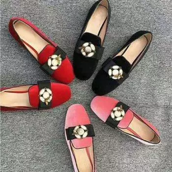 Женская обувь Туфли на плоской подошве Туфли без шнуровки в стиле ретро с жемчугом Little Bee Обувь Lefu с неглубоким ртом 34 красный