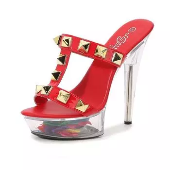 Женская обувь, туфли на высоком каблуке с заклепками, тапочки на каблуке с цветочным узором для ночного клуба, подошва на шпильке с кристаллами, серия 1099, каблук 13 см, платформа 3 см, LFD 34 чёрный