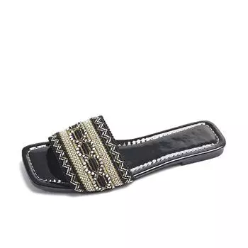 Женская обувь Туфли с открытым носком Женские тапочки Большого размера Повседневные тапочки Женские Смешанные цвета Квадратный носок Шнурок Бисер Плоская подошва с сандалиями 36