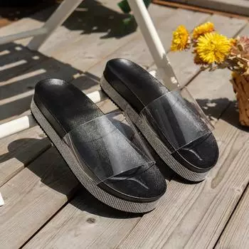 Женская обувь, уличные пляжные тапочки 2024 года, летние туфли на плоской подошве с кристаллами, женские повседневные шлепанцы, тапочки на платформе со стразами и блестками 36 чёрный