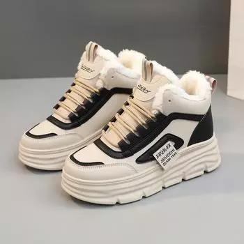 Женская обувь, увеличивающая внутреннюю высоту, зимняя, новый стиль, плюшевые хлопковые туфли, теплые, студенческие туфли, повседневные туфли из бисквита 35 чёрный
