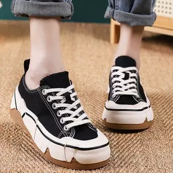 Женская обувь Весенние парусиновые туфли Женские кроссовки на толстой подошве Шнуровка Универсальные повседневные парусиновые женские вулканизированные туфли 35 чёрный