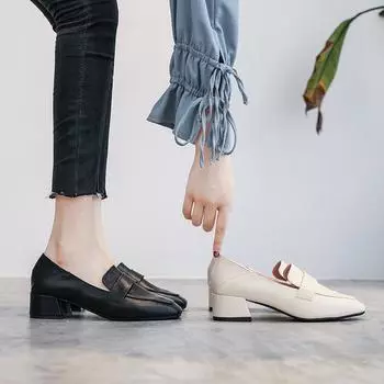 Женская обувь Весна и осень Одиночные туфли Универсальные туфли на высоком каблуке Профессиональные рабочие туфли на толстом каблуке Маленькие кожаные туфли Британские туфли на среднем каблуке 34 абрикосовый