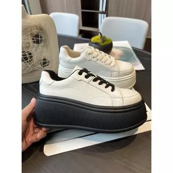 Женская обувь Весна Новые белые туфли на платформе Muffin, увеличивающие рост, повседневные кроссовки, подходящие кроссовки для женщин 66 чёрный