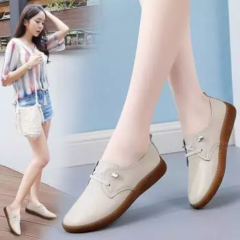 Женская обувь Весна Новые мягкие подошвы маленькие белые туфли Нескользящие туфли для мам Повседневные маленькие кожаные туфли 35 бежевый