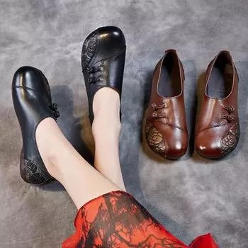 Женская обувь Весна Удобные туфли на плоской подошве Мягкая подошва Модные маленькие кожаные туфли Голова коровьей кожи Этнический стиль 35 чёрный