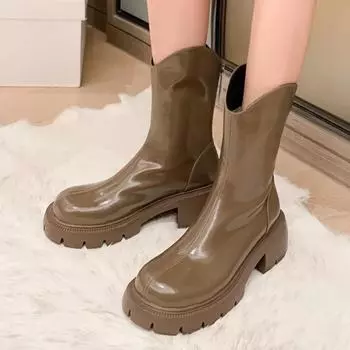 Женская обувь Высококачественные женские ботинки на молнии Зимние теплые с круглым носком Однотонные модные ботинки на толстом каблуке средней высоты 35 хаки