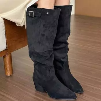 Женская обувь Высококачественные женские сапоги до колена Современные сапоги с пряжкой на ремне Сексуальные однотонные сапоги с острым носком на высоком каблуке 38