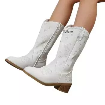 Женская обувь Высококачественные женские сапоги До середины голени Боковые молнии в стиле вестерн Ковбойские сапоги Ретро Сапатос Женские вышитые ботинки Челси 35