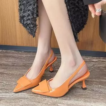 Женская обувь Высококачественные женские туфли на высоком каблуке Baotou, модные туфли без застежек, сплошные, для офиса и карьеры, сексуальные туфли с острым носком для женщин 35 оранжевый